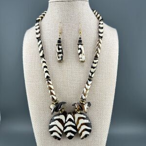 Vintage African Tribal Necklace Earrings Set Batik Bone Brown Cream Bovine Zebra